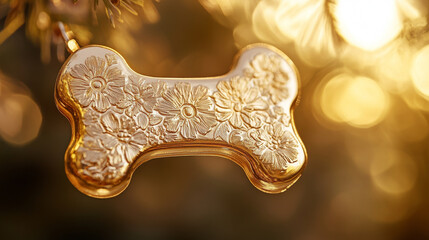 Fototapeta premium shiny gold bone shaped pet ID tag with floral engravings hangs against blurred golden background, adding touch of elegance and charm to pet accessories