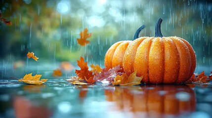 Autumn Rain Pumpkins Leaves Harvest Fall Background Image