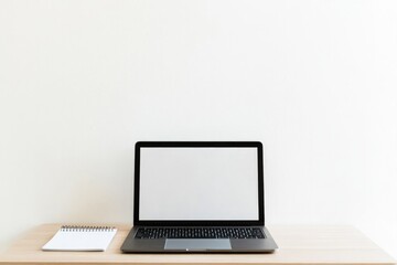 Fototapeta premium tidy workspace with sleek laptop and blank notepad on wooden desk conveying simplicity and focus symbolizes personal