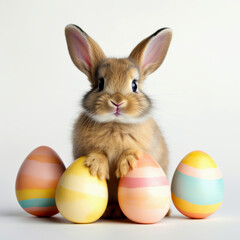 Obraz premium Cute fluffy bunny sitting among pastel Easter eggs, placing paws on one. Soft fur and warm tones create joyful holiday atmosphere. Perfect for Easter decorations, greeting cards and festive designs