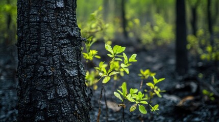Fototapeta premium Burned tree trunk forest nature photography recovery landscape close-up resilience after fire