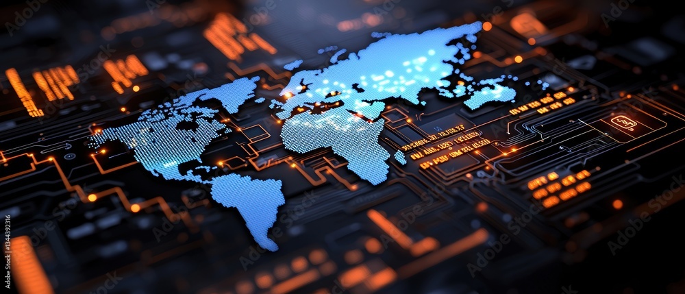 Poster digital world map with circuit patterns, representing technology and connectivity.