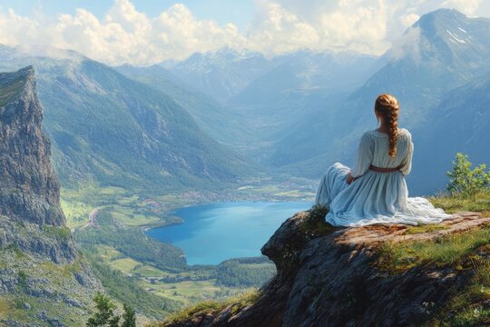 Woman contemplating breathtaking mountain scenery in the alps