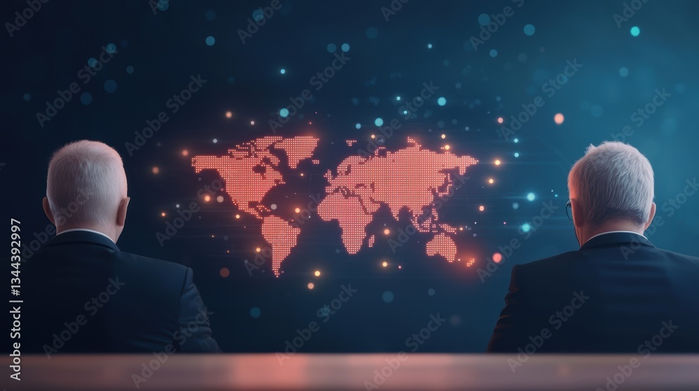 Poster two businessmen observe a digital world map illuminated with data points, symbolizing global connect