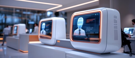 Futuristic displays showcasing digital avatars in a modern tech environment, emphasizing innovation and advanced technology.
