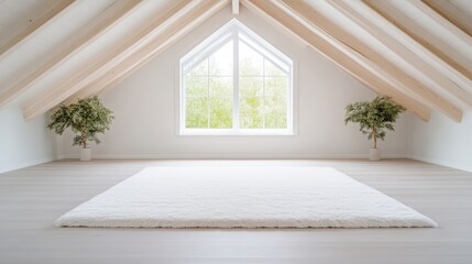 Bright attic room with large window and white rug