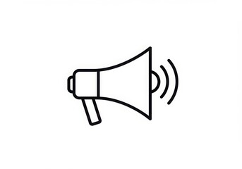Megaphone icon, simple black and white design, minimalist illustration, sound waves, announcement symbol, marketing concept, loudspeaker pictogram, linear drawing