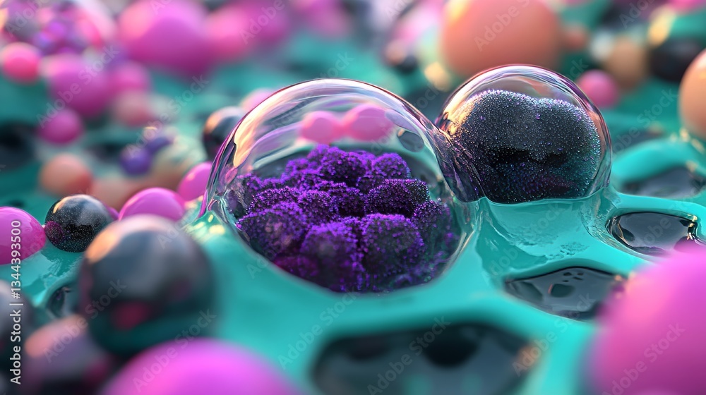 Poster three-dimensional high-tech bubbles featuring hexagonal patterns and reflective qualities