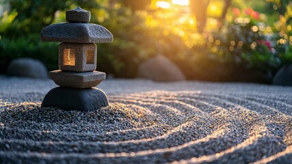 A tranquil zen garden with raked gravel and a stone lantern under soft light vibe - Powered by Adobe