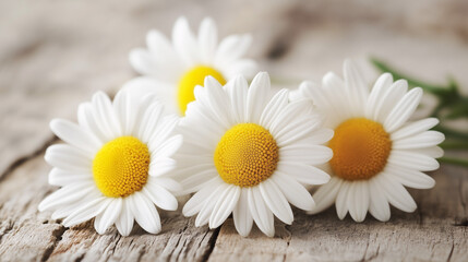 Fototapeta premium Close up of Delicate White Daisies on Rustic Wooden Background Spring Flowers