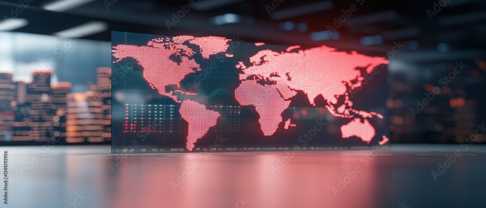 Poster digital world map with data visualization, displayed in a modern tech environment, highlighting glob