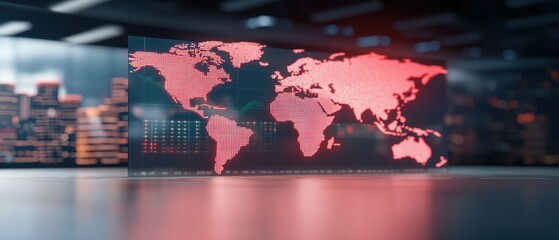 Digital world map with data visualization, displayed in a modern tech environment, highlighting global connections and analytics.