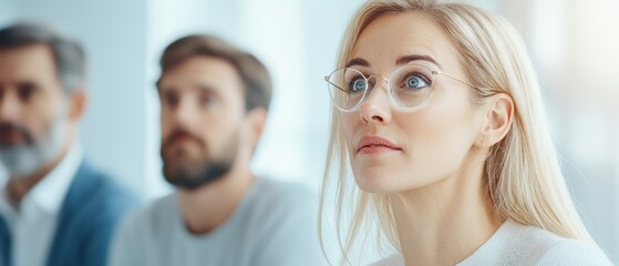 Fototapeta premium A woman with glasses looks intently while two men are blurred in the background, suggesting a focus on a serious discussion or presentation.