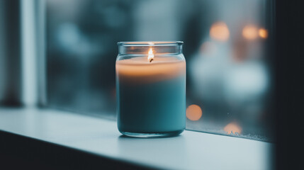 Tranquil Teal Candlelight on Windowsill Peaceful Atmosphere Soft Glow Home Decor