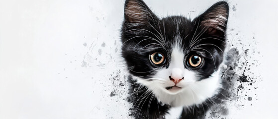 playful tuxedo cat with striking black and white fur gazes curiously at viewer, surrounded by splash of artistic colors, evoking sense of mischief and charm