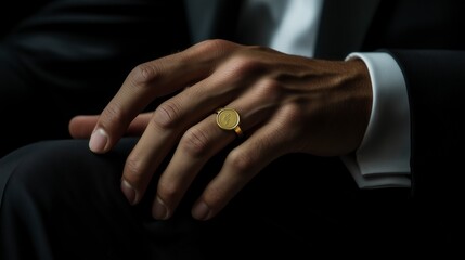 Obraz premium Close-up of a powerful man’s hand with an elegant gold signet ring, resting on a black silk suit, dramatic lighting, luxury and exclusivity