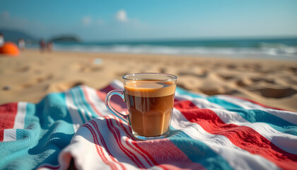 Cup of coffee on beach towel with ocean view and sunny sky