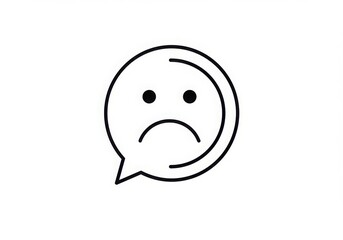 Fototapeta premium Simple line drawing, minimalist speech bubble, sad face emoticon, black and white, monochrome, geometric shapes, basic icon design, negative emotion, communication