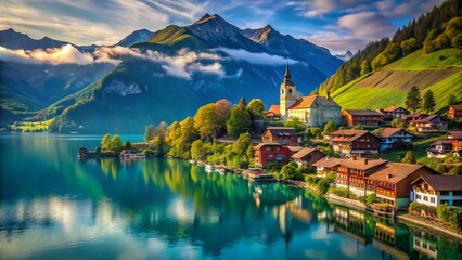 Fototapeta premium Stunning Alpine Village Iseltwald, Lake Brienz, Switzerland: Breathtaking Panoramic View