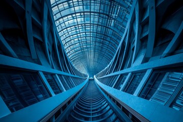 Obraz premium Low angle view of a modern glass ceiling creating a tunnel effect in blue tones