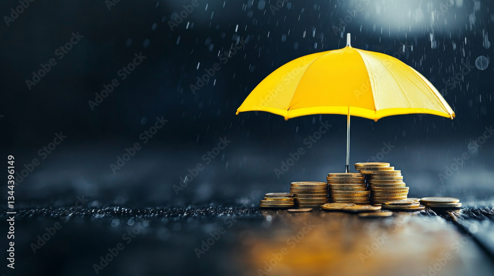 Poster a yellow umbrella stands upright over a stack of coins, symbolizing protection and security. raindro