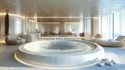 A luxurious spa bathroom with a jacuzzi and lounge seating
