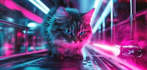 curious fluffy cat with striking blue eyes explores futuristic environment illuminated by vibrant neon lights, creating captivating and playful atmosphere