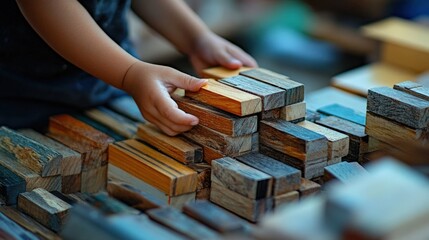 Child playing with wooden blocks indoor setting playtime activity cozy environment up-close perspective imaginative play