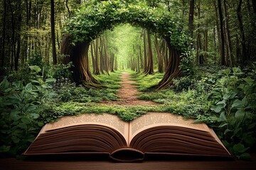 Book transformed into a forest landscape with intricate tree details and vibrant colors