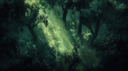 Enchanted Forest with Sunlight Filtering Through Lush Green Trees and Mystical Atmosphere
