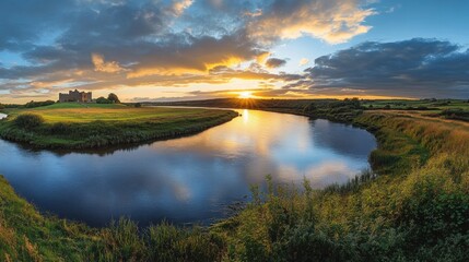 Naklejka premium Castle Lough Sunset Panorama, Breathtaking Irish Landscape