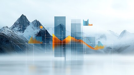 Mountain landscape overlaid with financial data visualizations