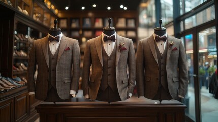 Naklejka premium Three tailored suits on display inside a formal attire shop, showcasing distinct patterns and colors. The setting reflects sophistication with stylish accessories.
