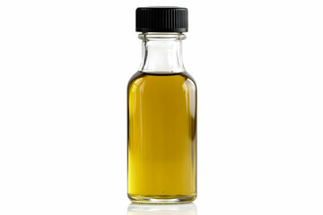 Small bottle of golden oil on white. Food ingredient photography
