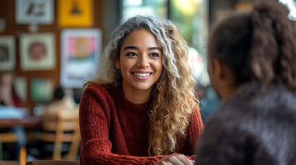 Smiling social worker in cozy cafe engaging in warm conversation. Supportive and caring professional providing guidance and emotional assistance. National Professional Social Worker's Month