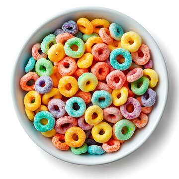 A bowl of colorful Froot Loops cereal, a breakfast food isolated on a white background
