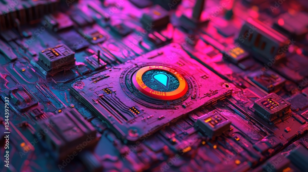 Poster the concept of location technology is depicted on a microchip with a map pin symbol, as white neon d