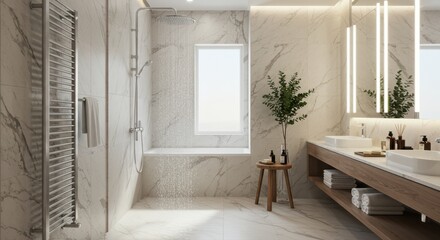 Modern Bathroom Interior with Shower Running and Double Sink Vanity
