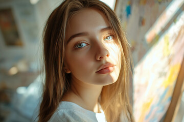 Generative AI depiction of a focused artist painting a vibrant canvas in a creative studio