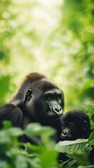 Naklejka premium Gorilla Mother and Baby in Lush Green Jungle Environment