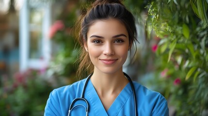 Friendly nurse or social worker in blue uniform, promoting healthcare and well-being. Dedicated to improving lives through community support. National Professional Social Worker's Month