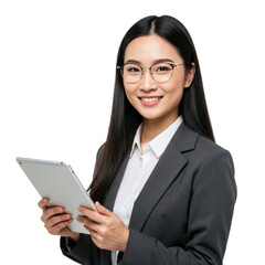young Asian woman, company worker in glasses, smiling and holding digital tablet isolated on transparent, White background