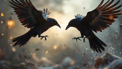 Fototapeta premium Two Ravens Confrontation Dramatic Wildlife Image