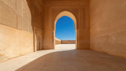 Ornate Archway Leading to a Bright Blue Sky in a Desert Building