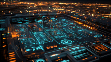 Obraz premium Futuristic technology interface with glowing blue and orange elements, showcasing intricate circuit designs and data patterns against city skyline backdrop. scene evokes sense of advanced