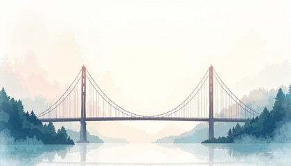 Fototapeta premium Delicate watercolor suspension bridge over serene water, peaceful nature