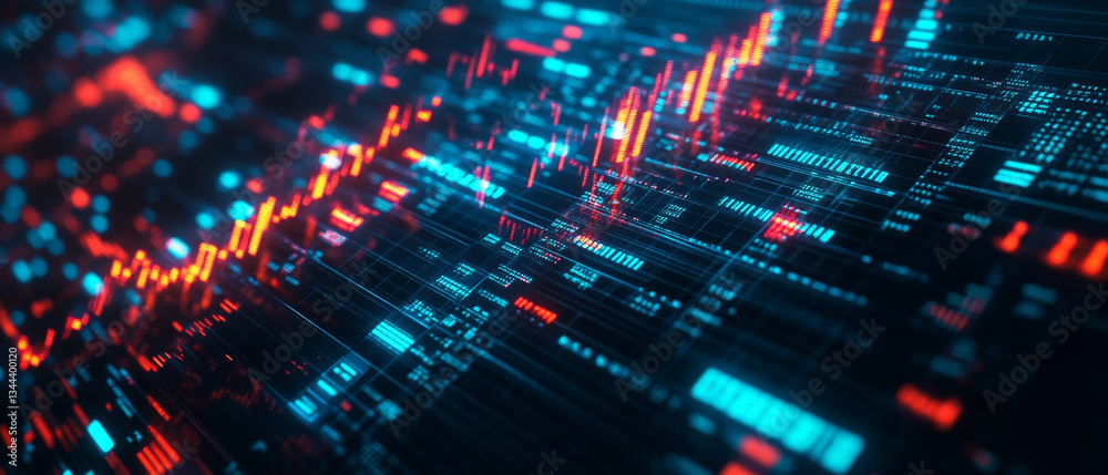 Fototapete visually striking depiction of digital data visualization, showcasing vibrant blue and red lines representing fluctuating data trends. intricate patterns evoke sense of dynamic movement and