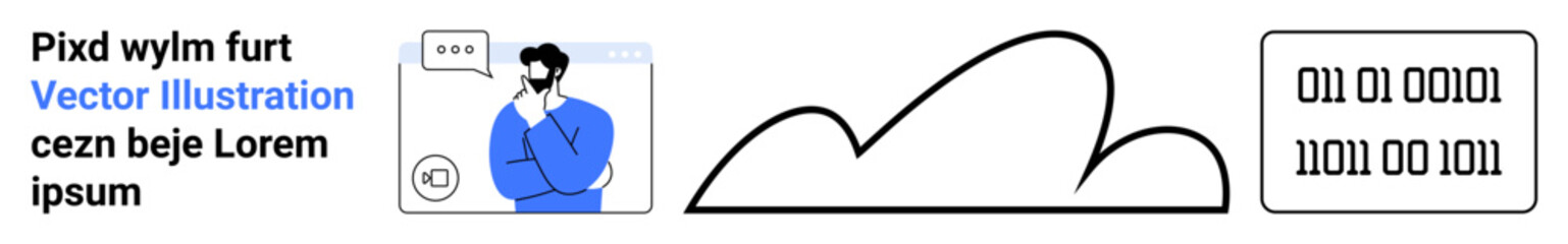 Man thinking with chat bubble, minimalist line cloud, binary code. Ideal for communication, technology, brainstorming, data analysis, cloud storage, coding simple landing page