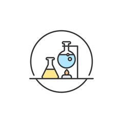 Visual representation of lab tools, featuring flasks with colorful liquids and a burner, embodying medical testing and scientific processes for health insights