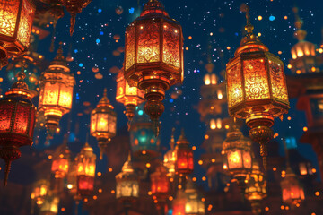 Vibrant lanterns illuminate night sky, creating magical atmosphere filled with intricate designs and warm colors. enchanting scene captivates viewer imagination